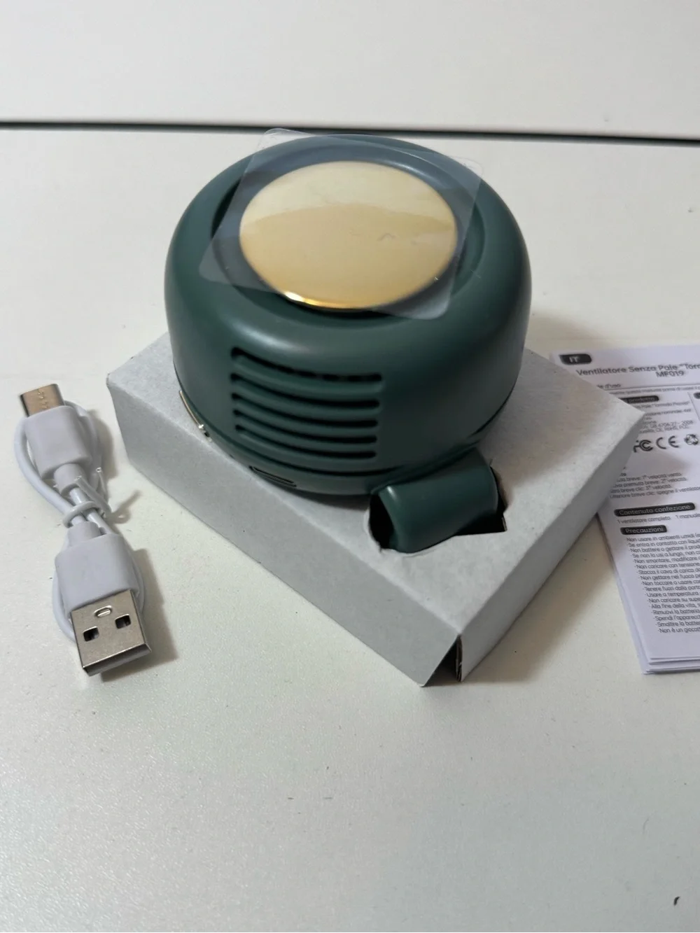 Portable Green and Gold Wearable Fan - USB Rechargeable